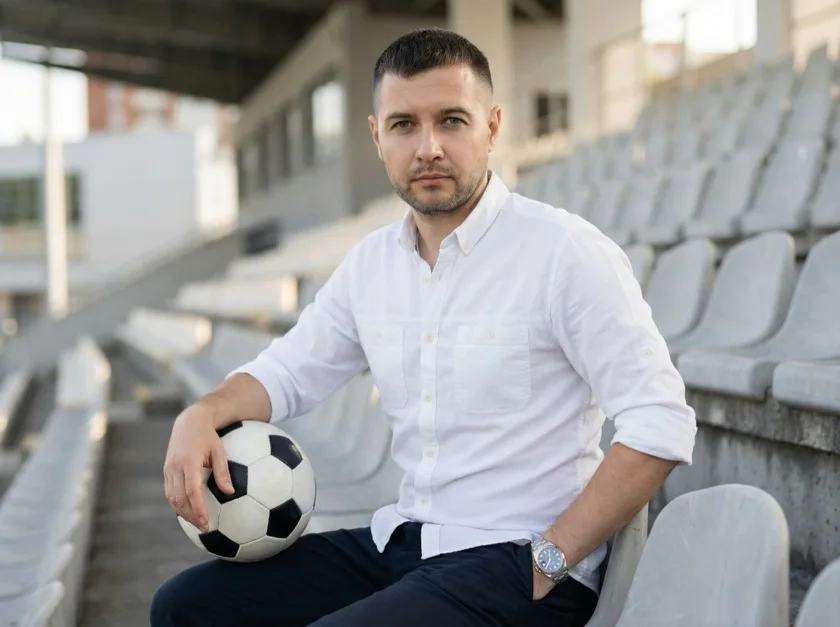 Piotr Bąk z piłką na trybunach stadionu - doradca ds. piłkarskich placów zabaw